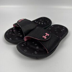Under Armour Youth 1Y Slide Sandals Black Pink Adjustable Strap Padded Footbed